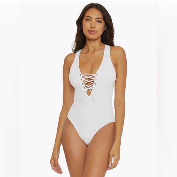 NEW w/TAGS BECCA Rebecca Virtue Modern Edge Gia Lace-Up Plunge One-Piece Swim - Picture 1 of 7